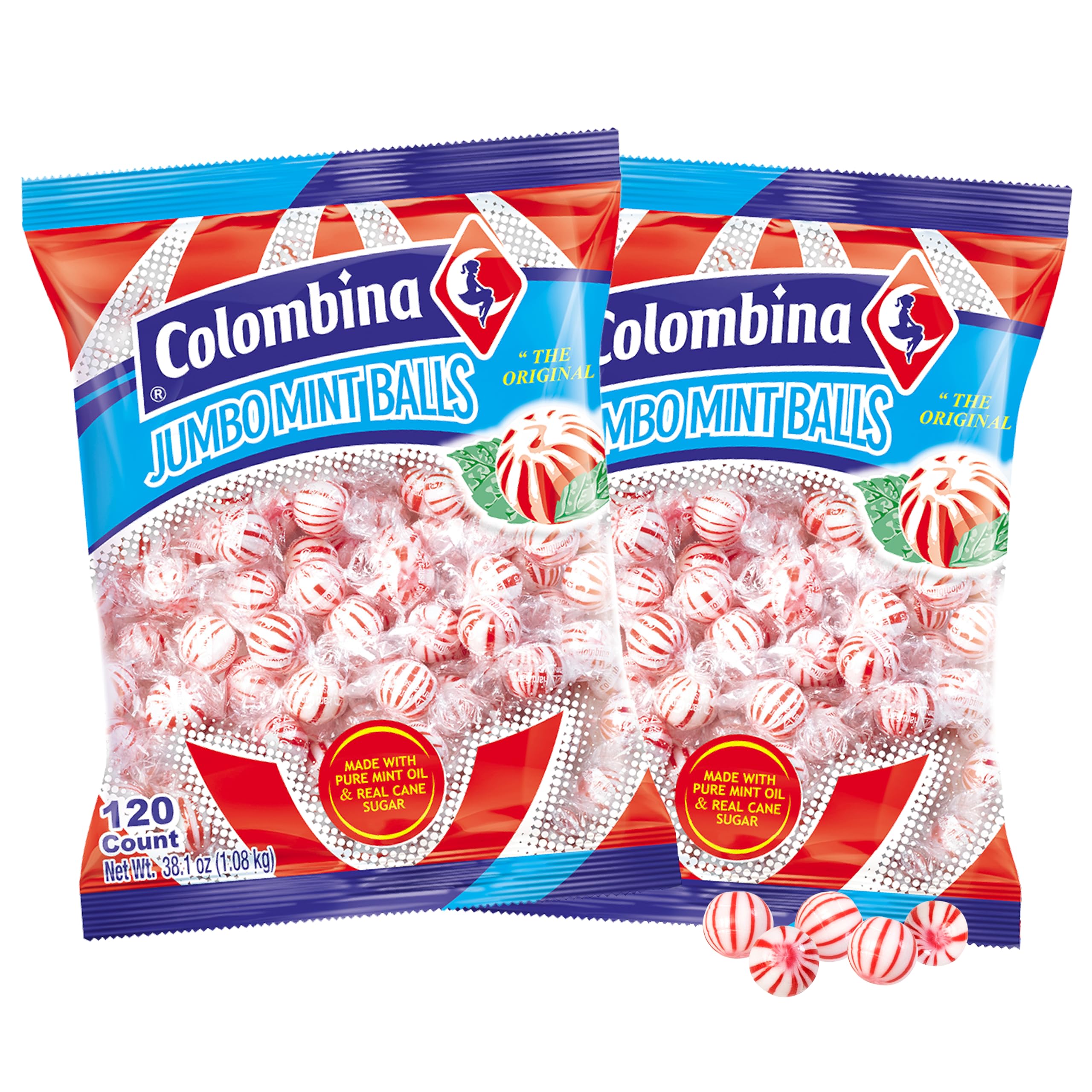 Product image of Colombina Jumbo Peppermint Balls Individually Wrapped Red and White Hard Candy 120 ct Pack of 2